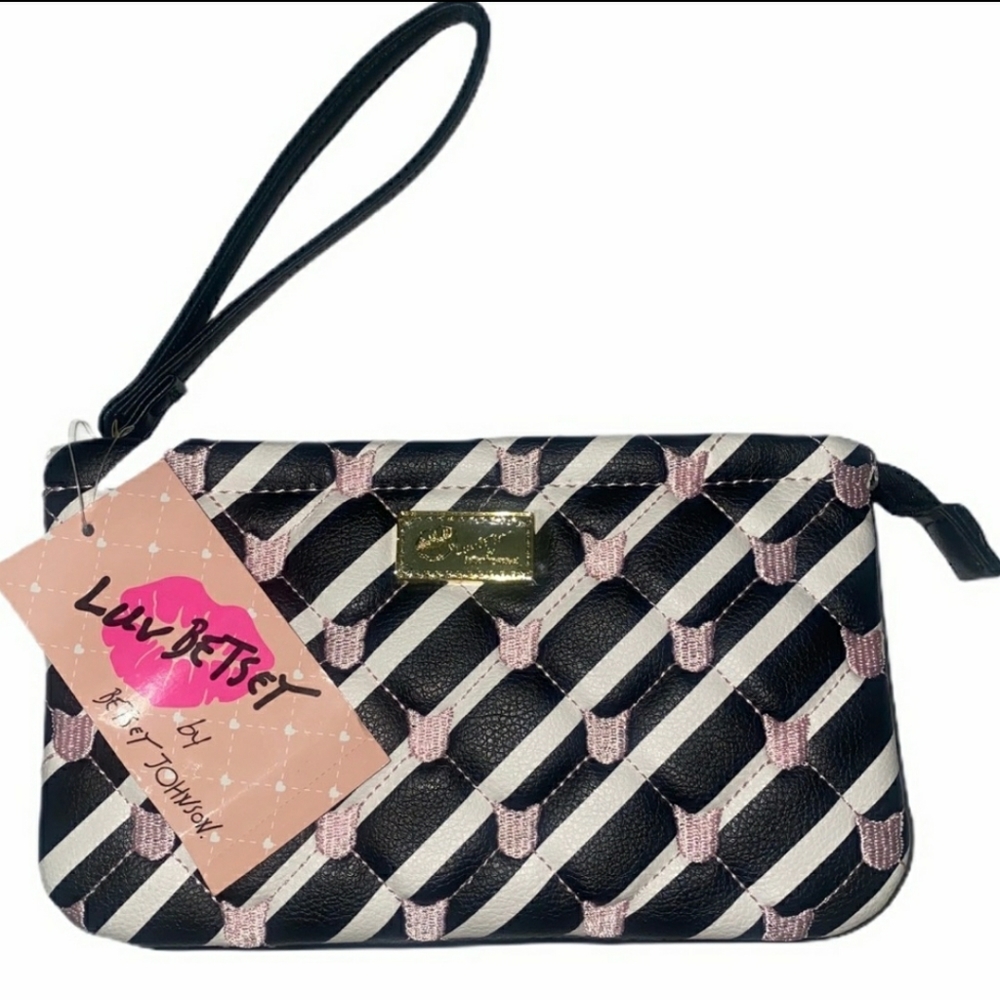 Betsey Johnson Double Pouch Wristlet Wallet Cats Black White Stripes New w/ Tags - Picture 3 of 16
